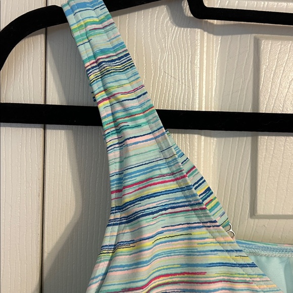LANDS' END Striped Tankini Bathing Suit Top Cinched 14DD Aqua Adjustable Bra - Picture 4 of 8